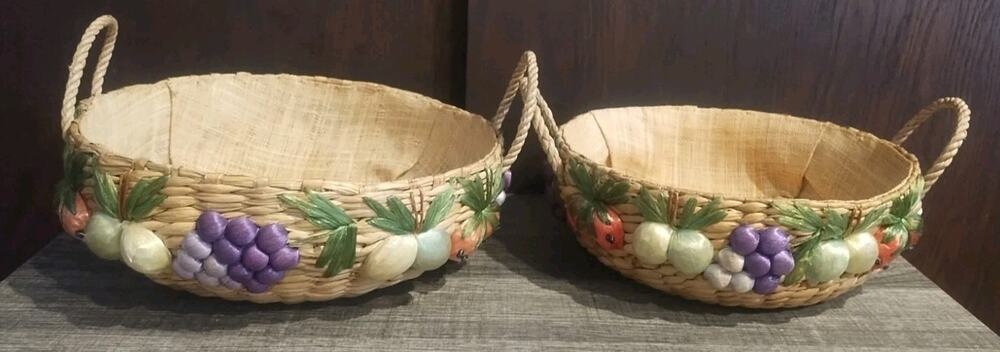 Vintage set of 2 Woven Raffia Fruit Vegetable Embroidery Basket Lined handles